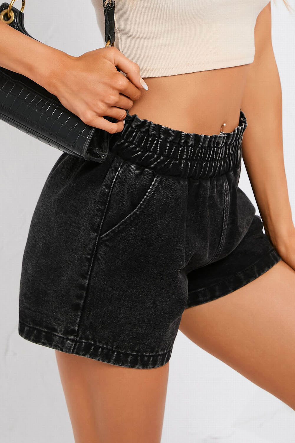 Black Retro Bleach-washed Ruffled Elastic High Waist Denim Shorts