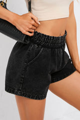 Black Retro Bleach-washed Ruffled Elastic High Waist Denim Shorts