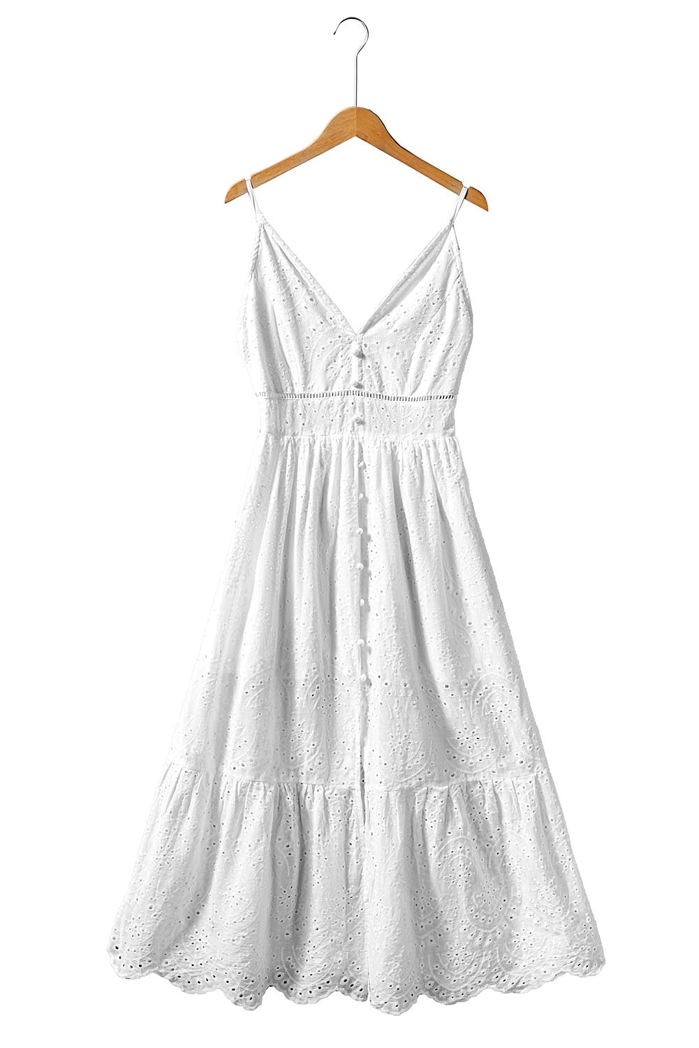 White Embroidered Spaghetti Straps Maxi Dress with Pearls