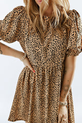 Leopard Animal Print Bubble Sleeve Babydoll Dress