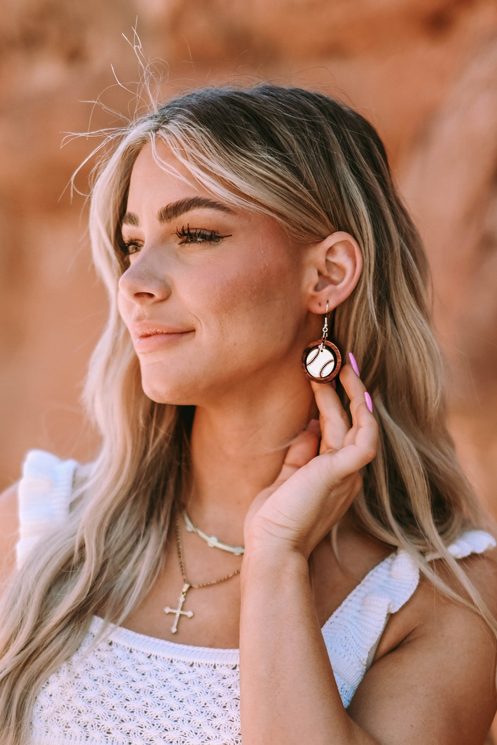 White Baseball Pattern Wood Round Drop Earrings