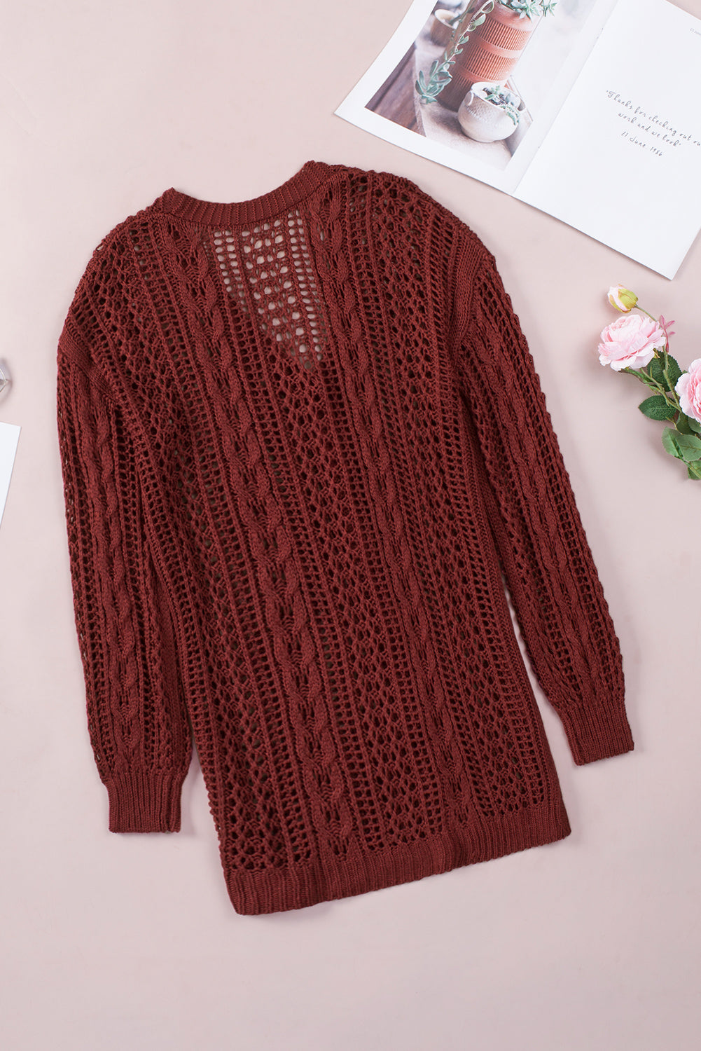 Wine Red Drop Sleeve Crochet Knit Cardigan