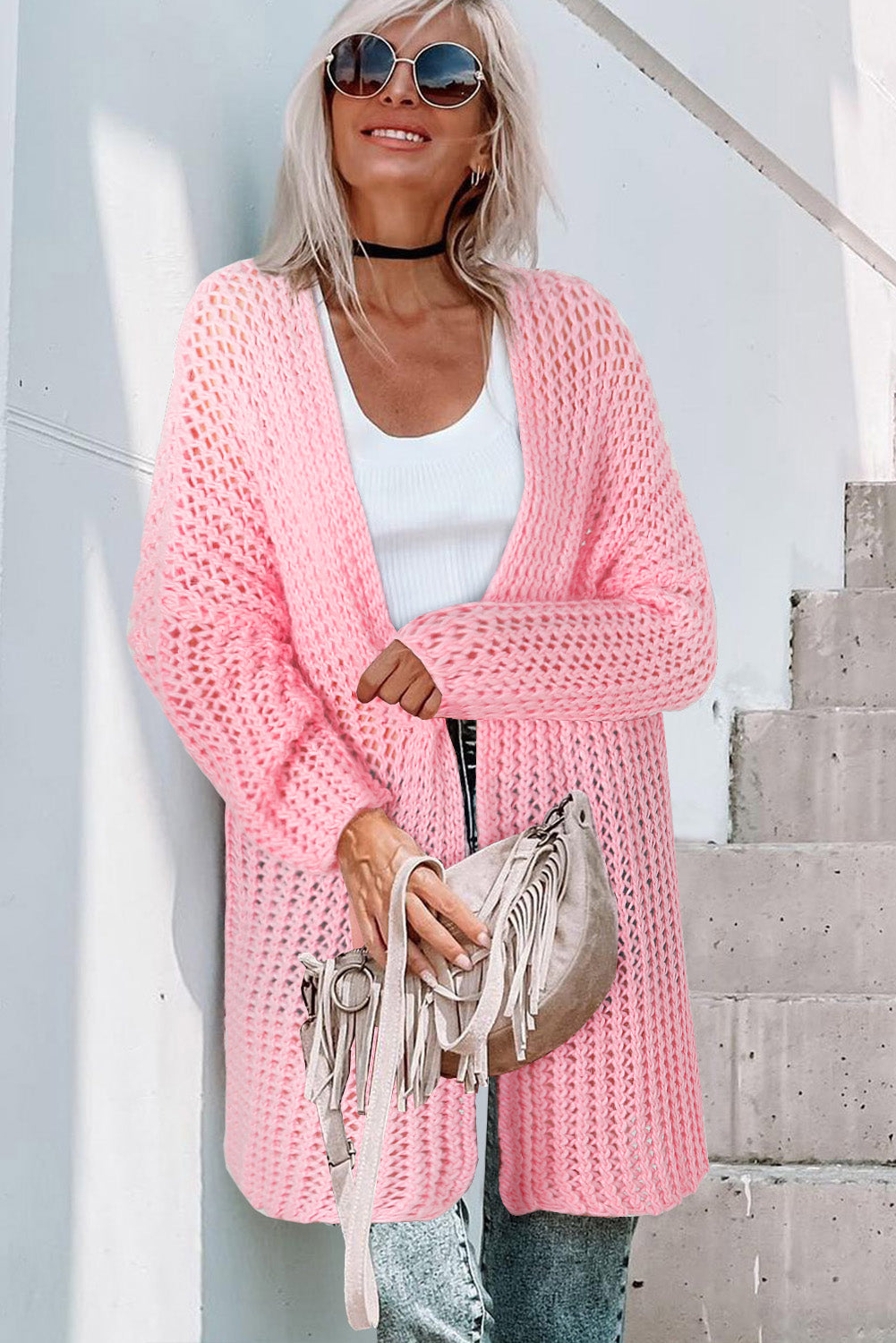 Pink Open Knit Long Sleeve Oversized Cardigan