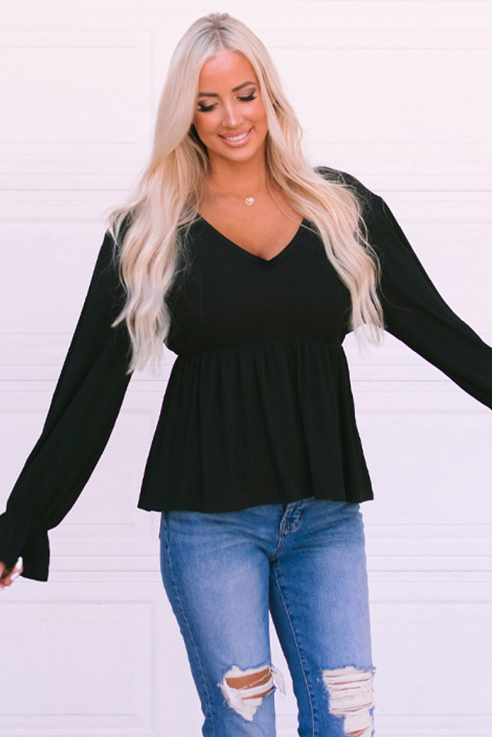 Black Pleated Ruffled V Neck Babydoll Top