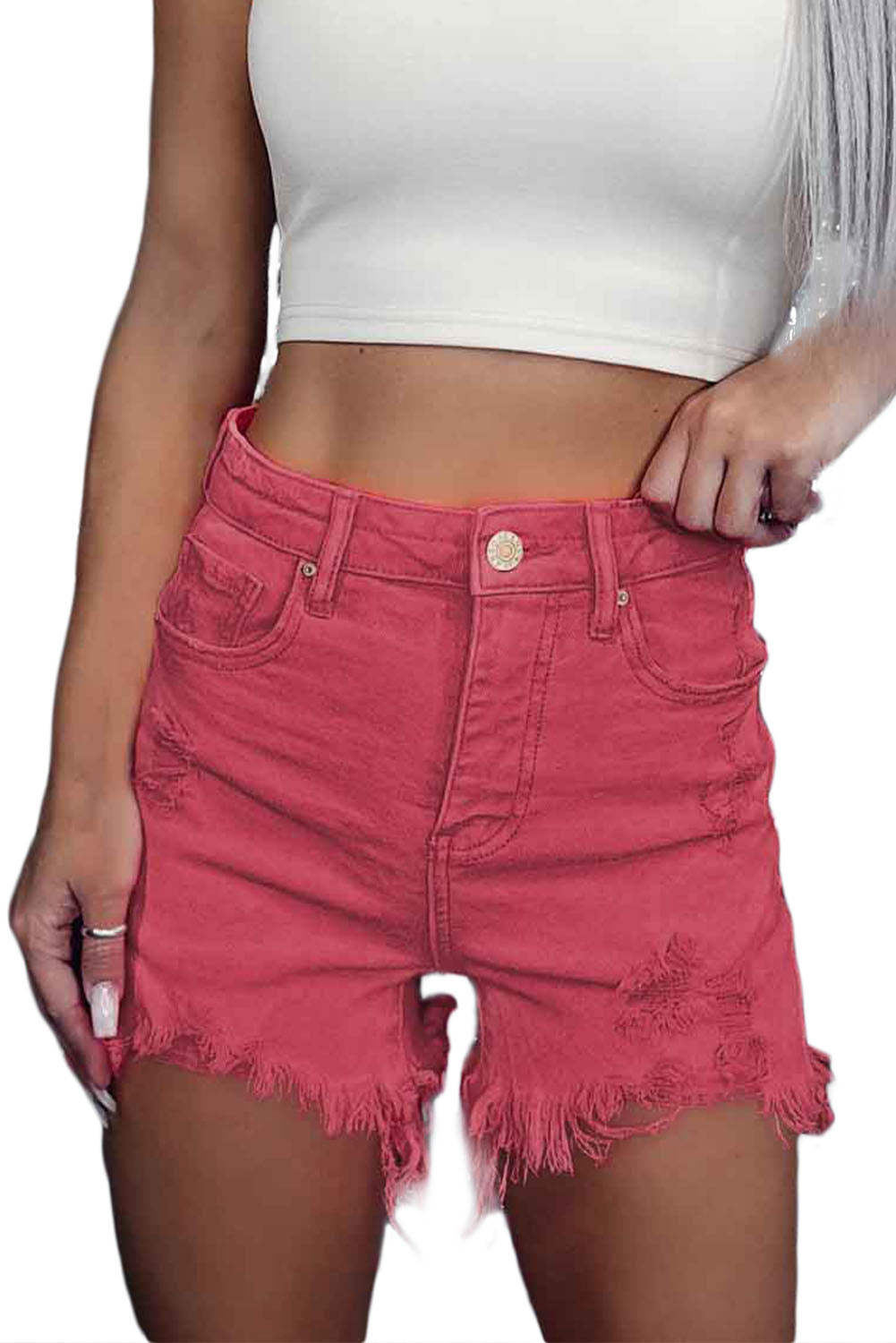 Red Distressed Raw Edge Cutoff Denim Shorts