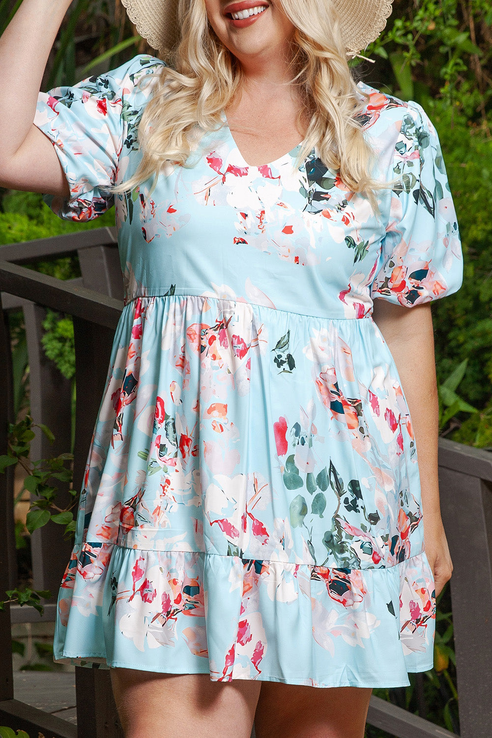 Sky Blue Floral Print Ruffled Puff Sleeve Plus Size Mini Dress