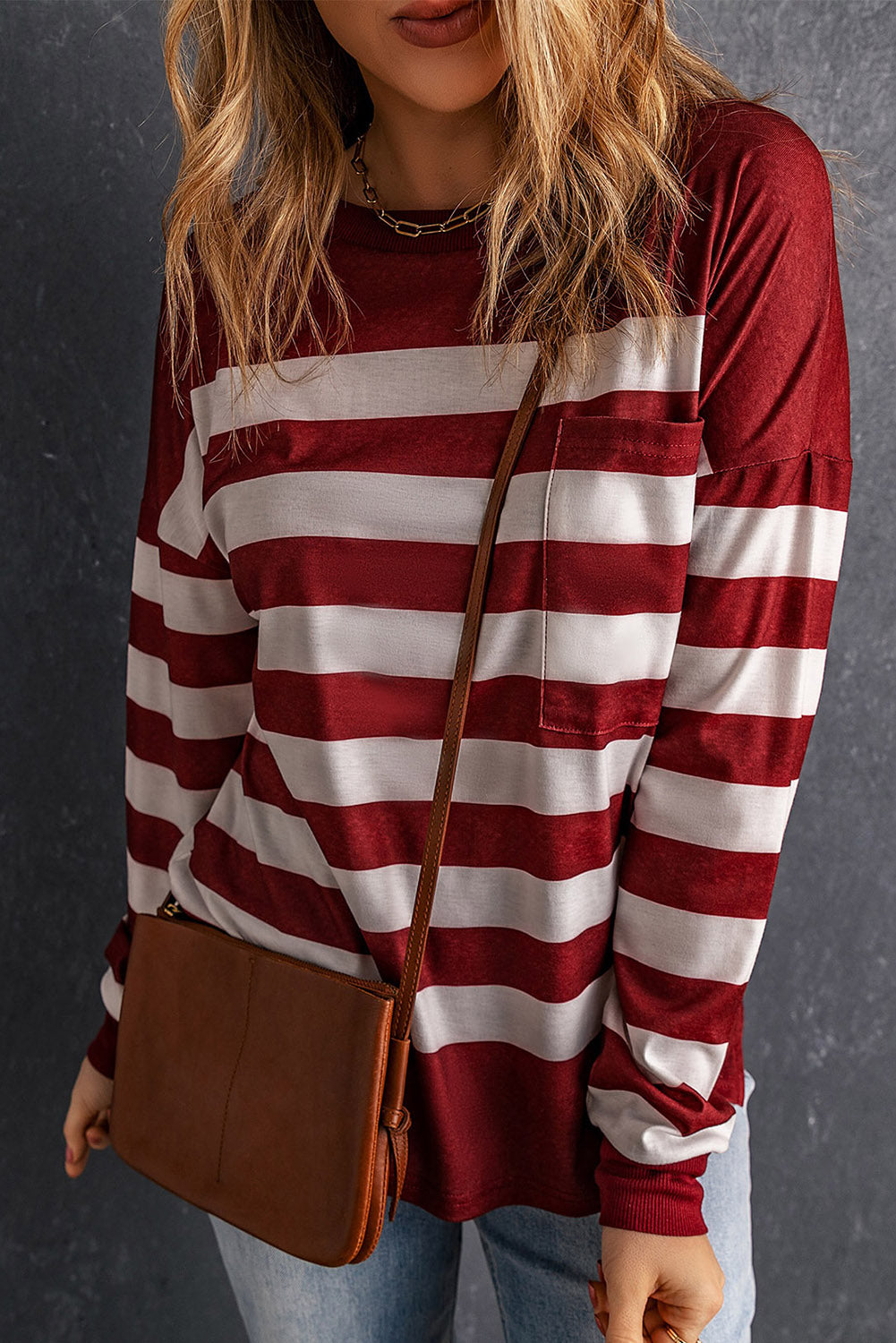 Red Print Pocketed Long Sleeve Top with Slits