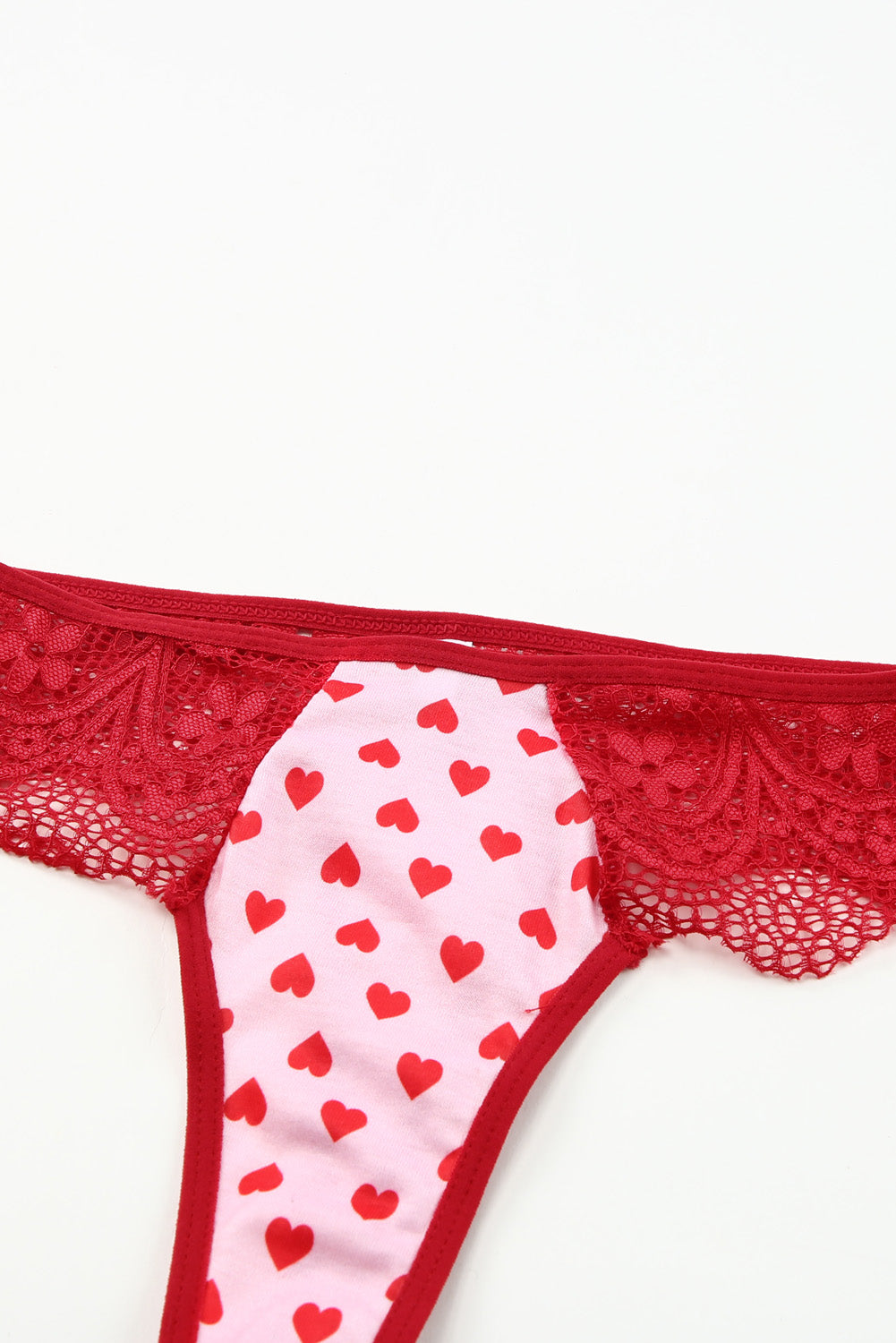 Red Lace Trim Heart Print Valentines Lingerie Set