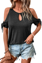 Black Knotted Cold Shoulder Sleeve Keyhole Front T Shirt