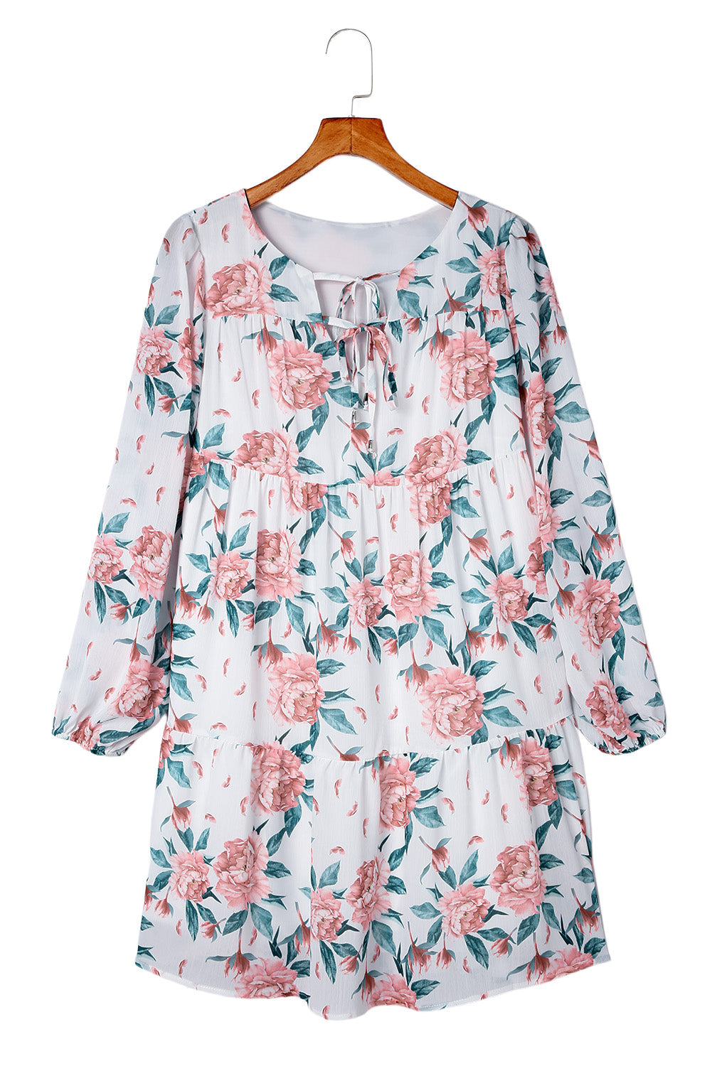 White Loose Bubble Sleeves Floral Print Dress