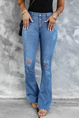 Light Blue Mid Rise Button Front Flare Denim