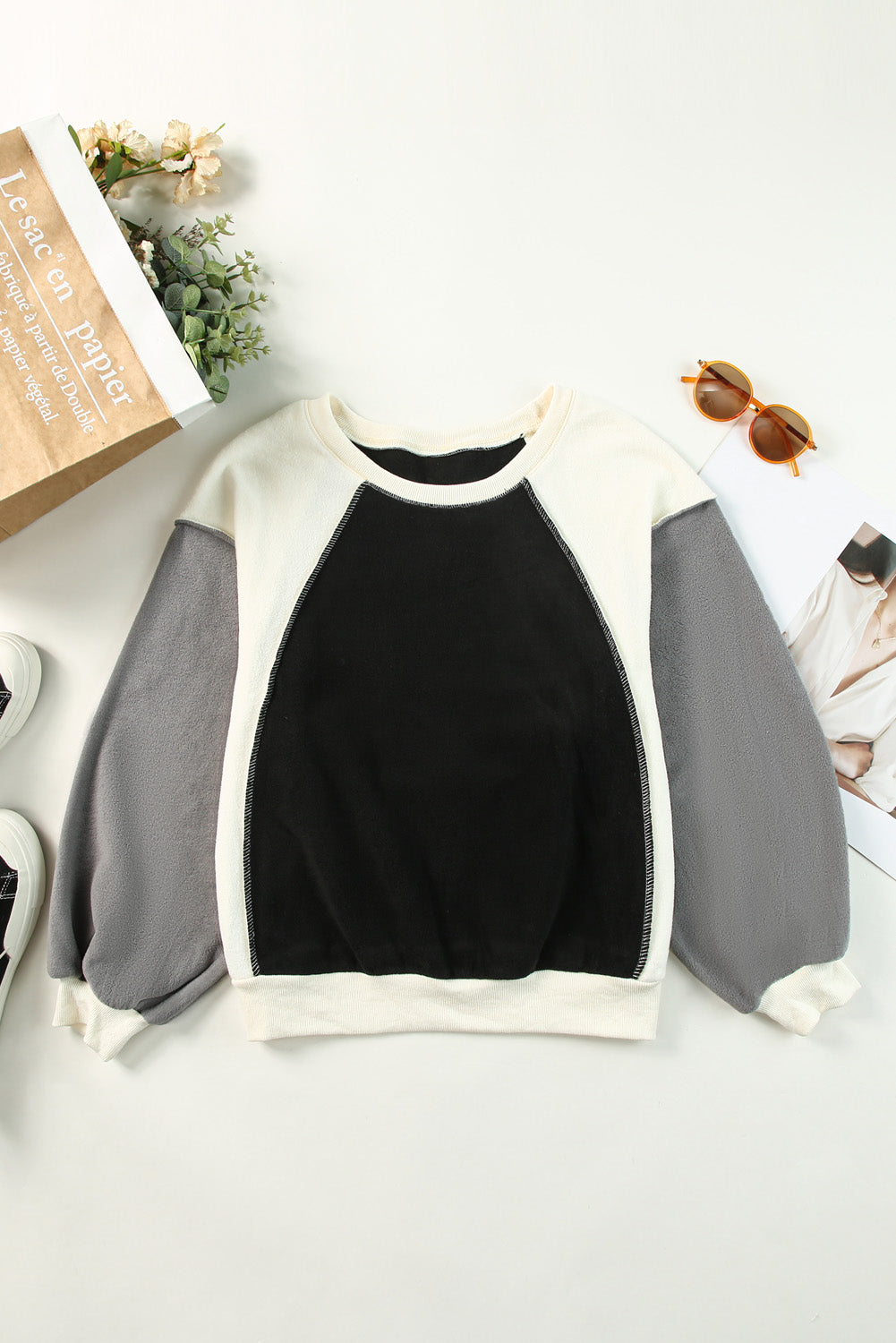 Rose Colorblock Long Sleeve Pullover Fleece Sweatshirt