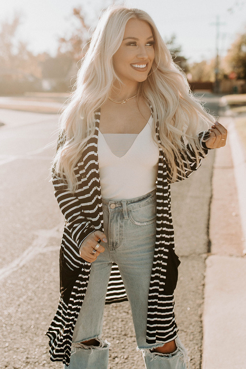 Black White Striped Pocketed Long Cardigan