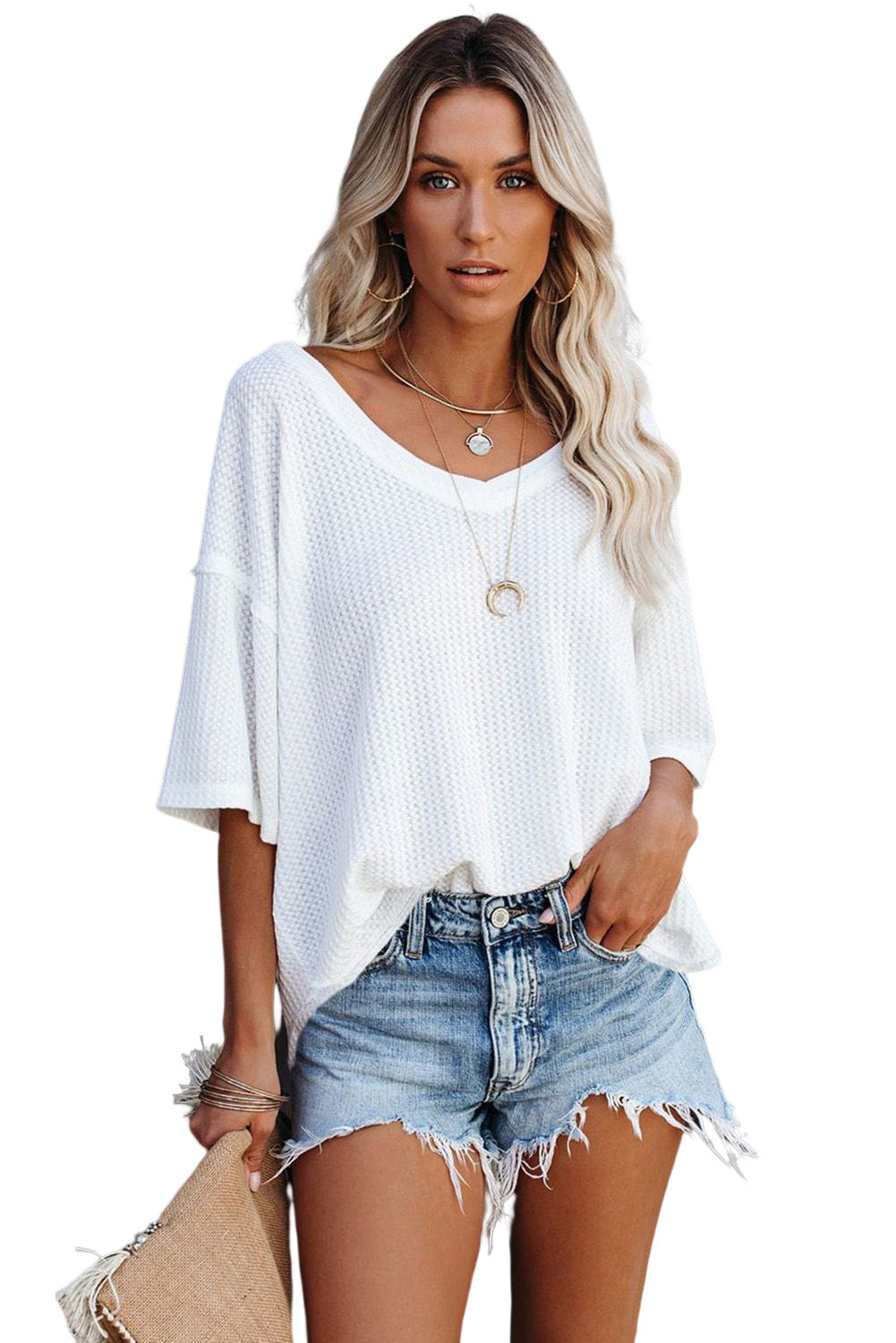 Black Waffle Knit Drop Shoulder Loose Top