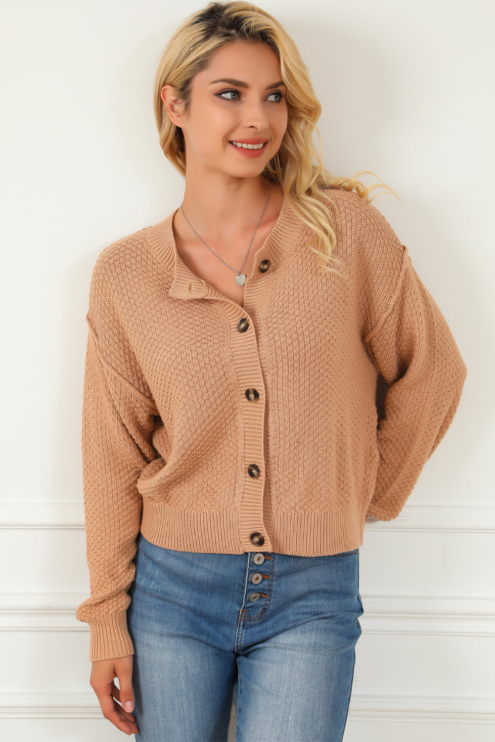 Khaki Button Front Drop Shoulder Knitted Cardigan