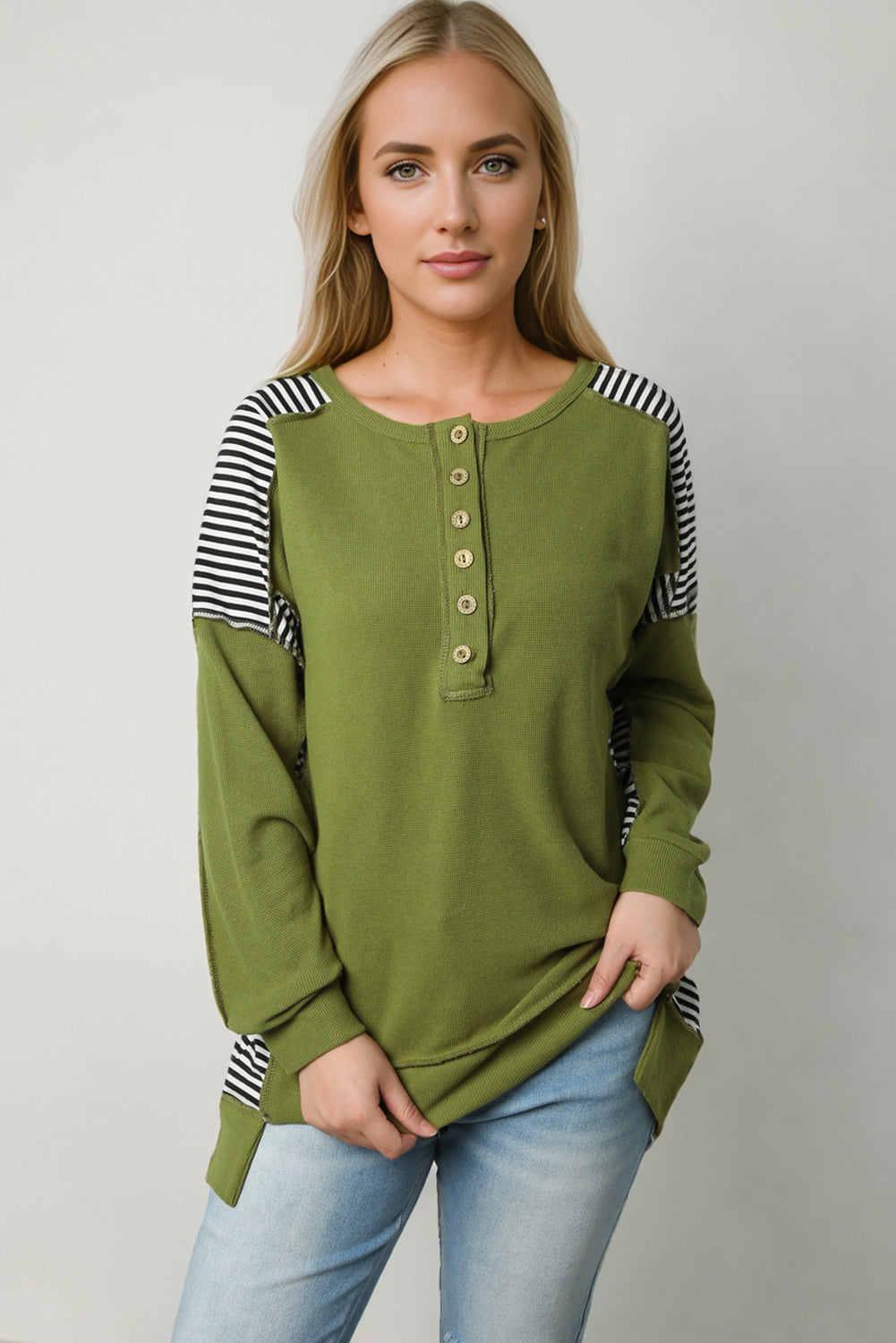 Green Striped Patch Exposed Seam Henley Sweatshirt
