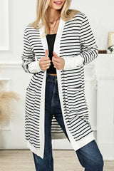 White Striped Side Pockets Open Front Cardigan