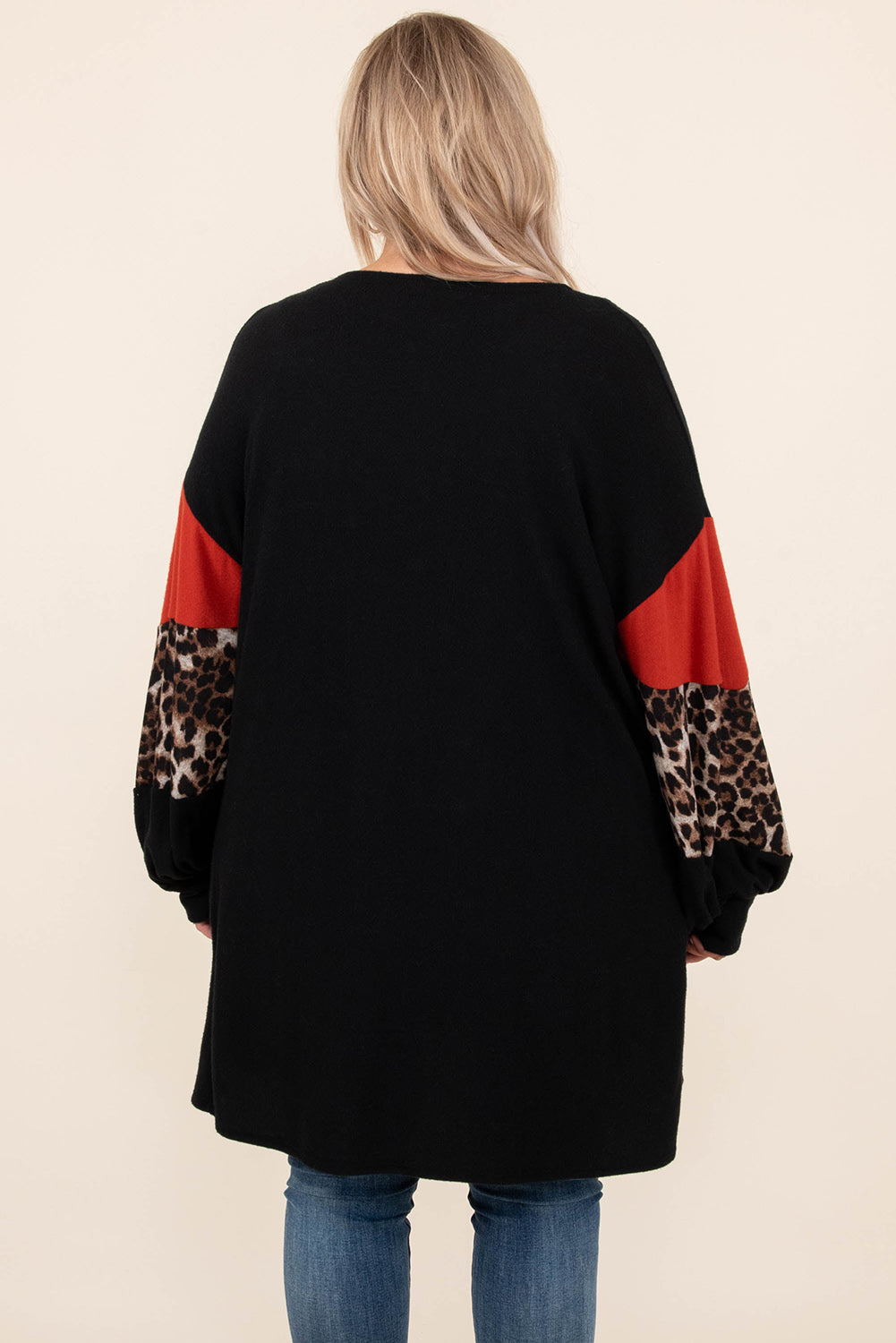 Black Leopard Color Block Sleeve Plus Size Cardigan