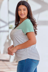 Green Contrast Striped Plus Size Short Sleeve Tee