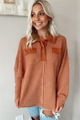 Brown Waffle Knit Button Contrast Trim Long Sleeve Top