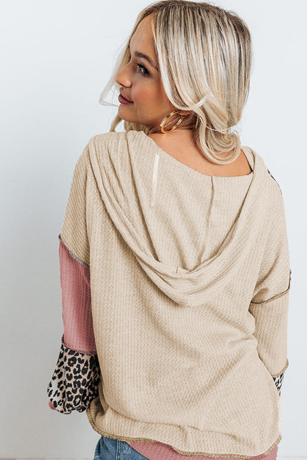 Leopard Colorblock Patchwork Waffle Knit Hoodie