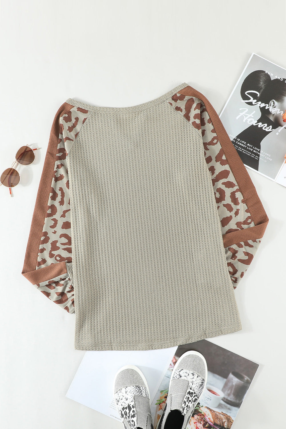 Mocha Leopard Print Waffle Knit Long Sleeve Top