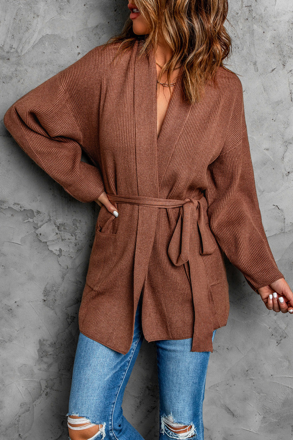 Black Robe Style Rib Knit Pocketed Cardigan with Belt