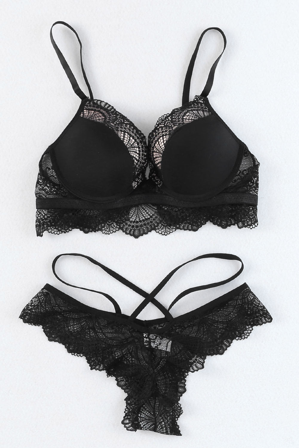 Black Lace Crochet Criss Cross Two Piece Lingerie Set