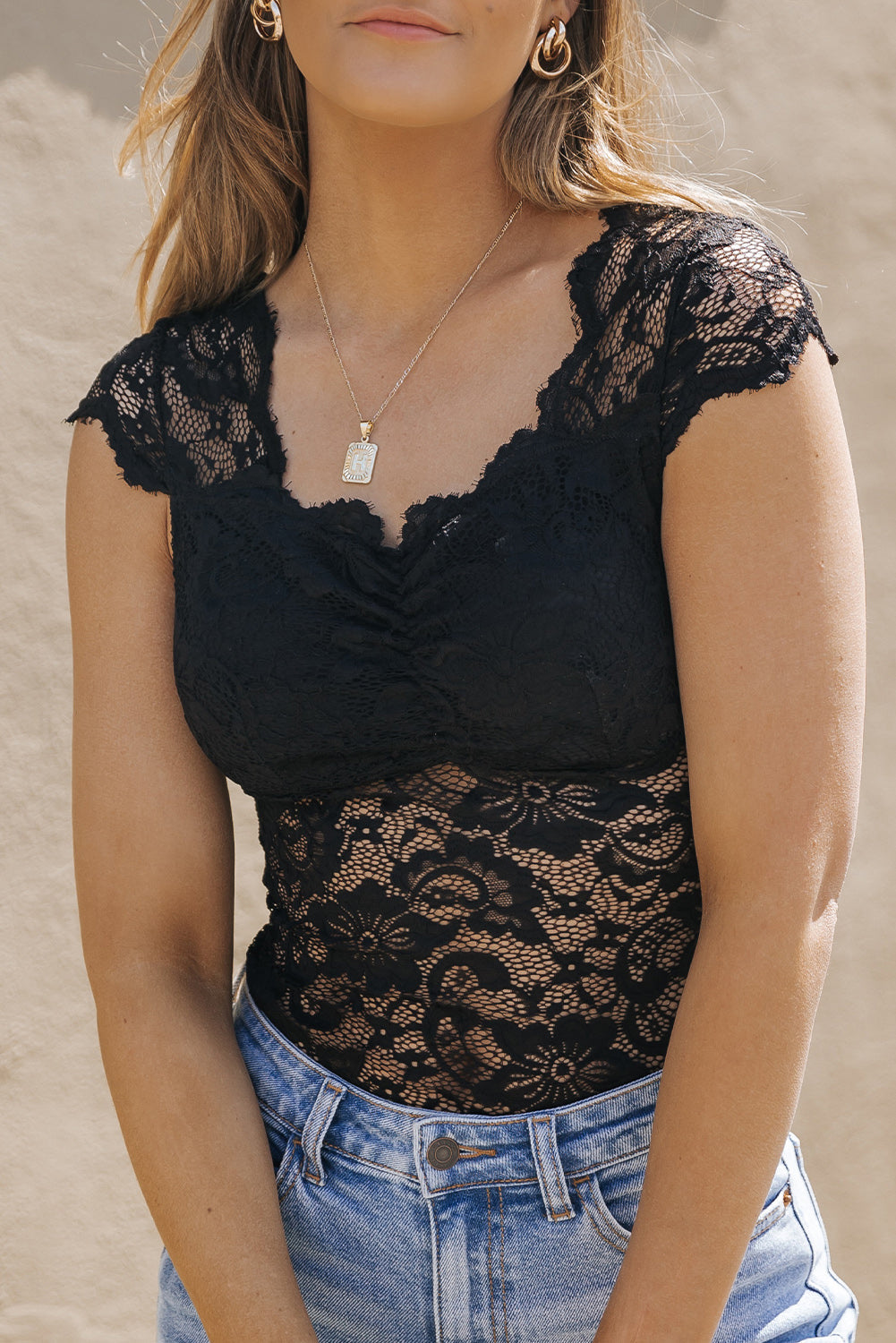 Black Floral Lace Scalloped Square Neck Bodysuit