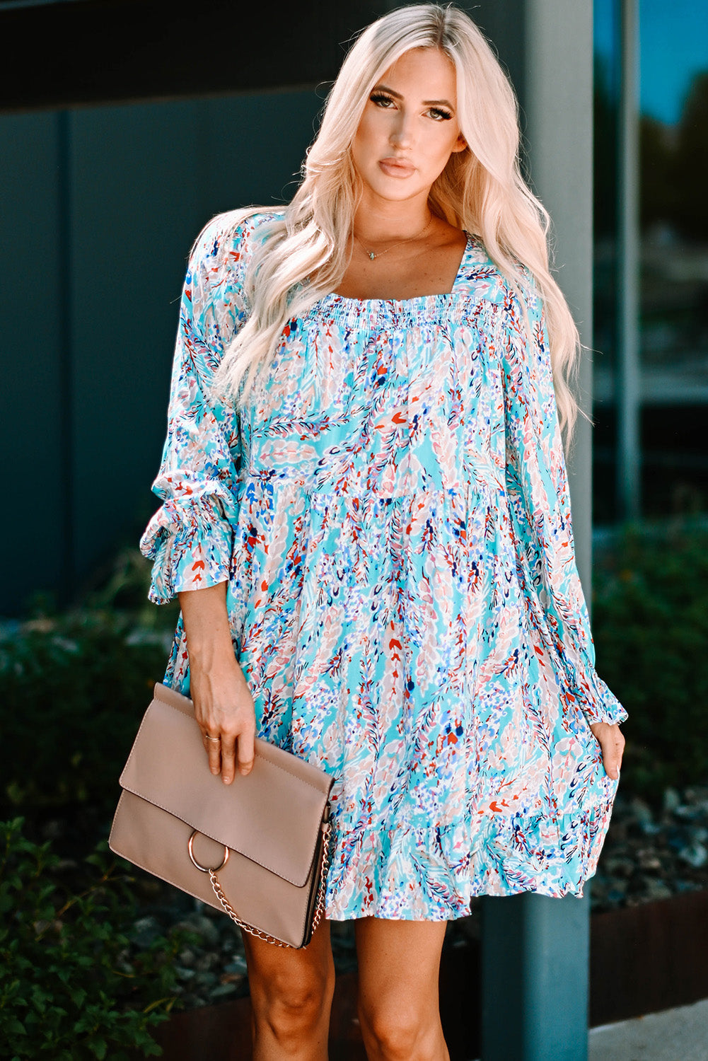 Sky Blue Ruffled Square Neck Floral Dress