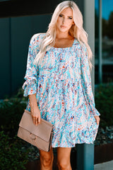 Sky Blue Ruffled Square Neck Floral Dress
