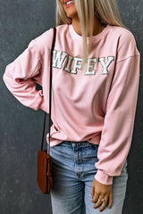 Pink WIFEY Graphic Crew Neck Pullover Sweatshirt