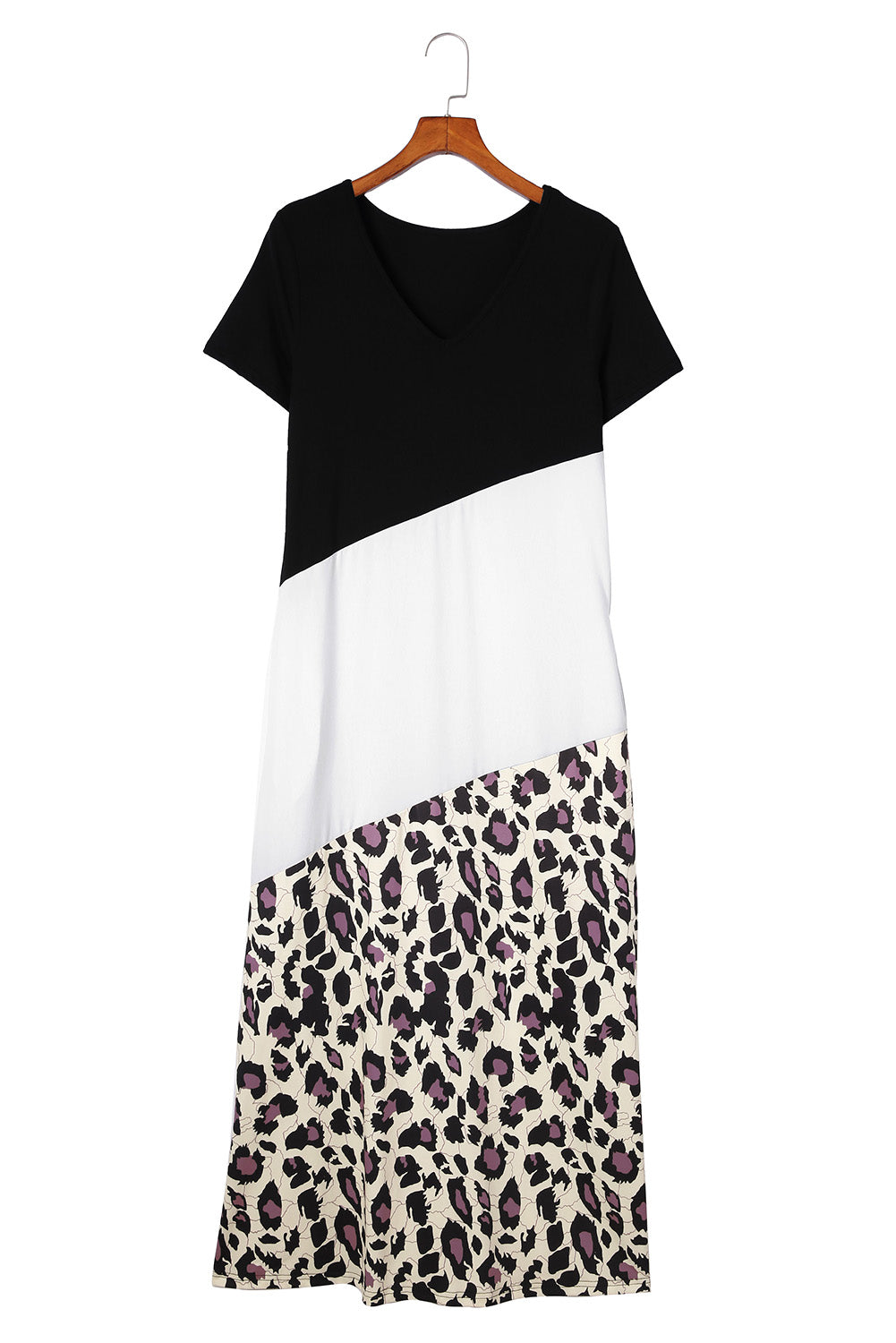 Red Leopard Color Block Side Slit T Shirt Maxi Dress