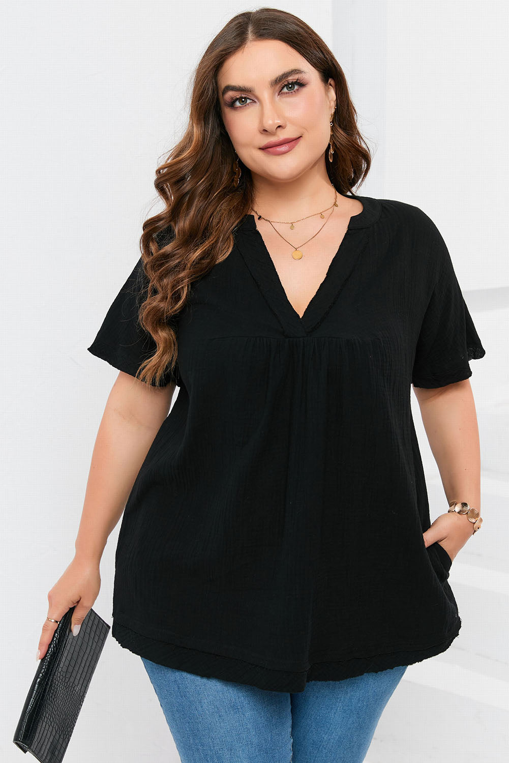 Black Plus Size Textured Short Sleeve Babydoll Blouse