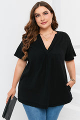 Black Plus Size Textured Short Sleeve Babydoll Blouse