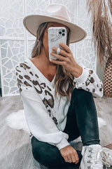 White Leopard Patchwork V Neck Long Sleeve Top