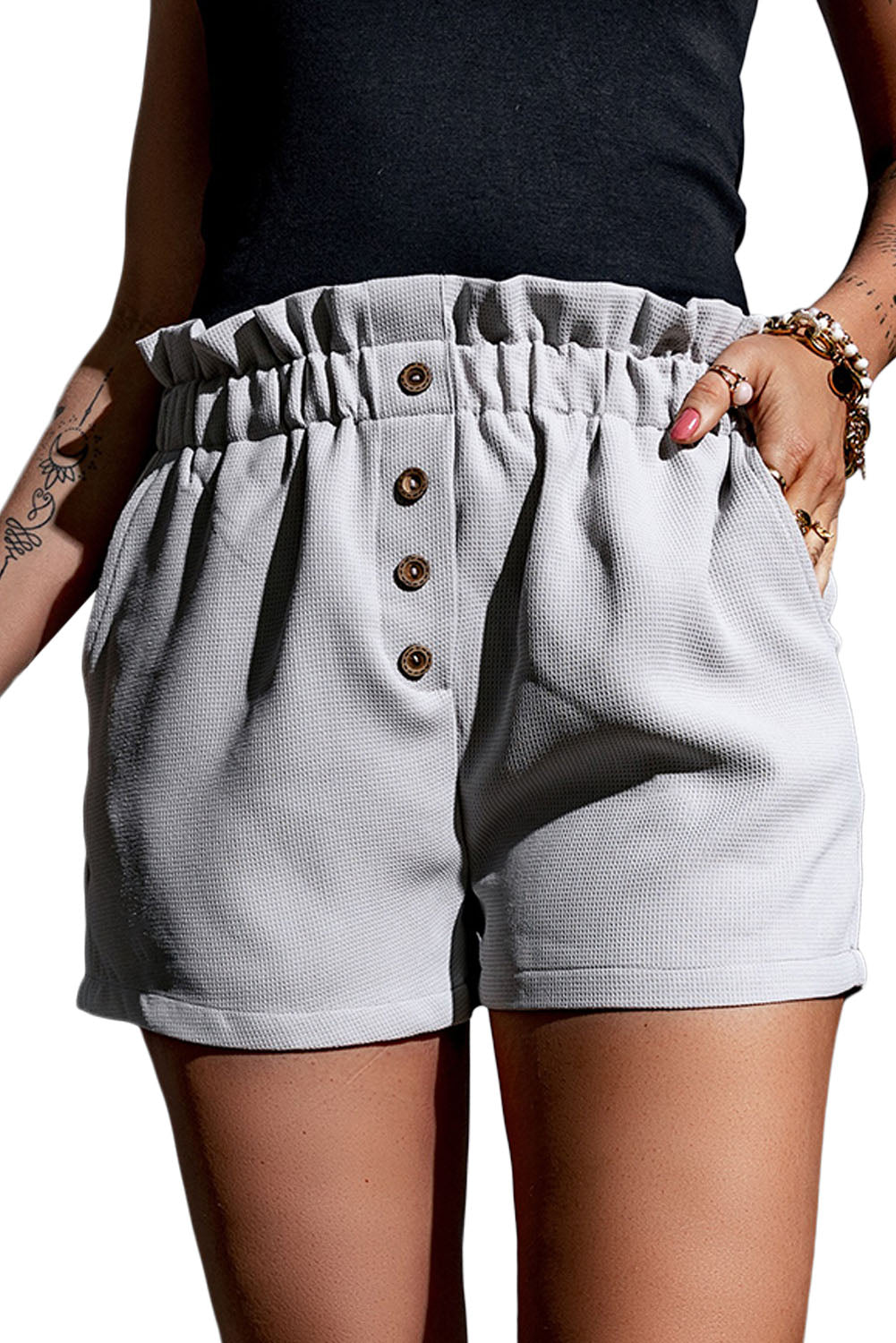 Gray Linen Mix Paper Bag Shorts