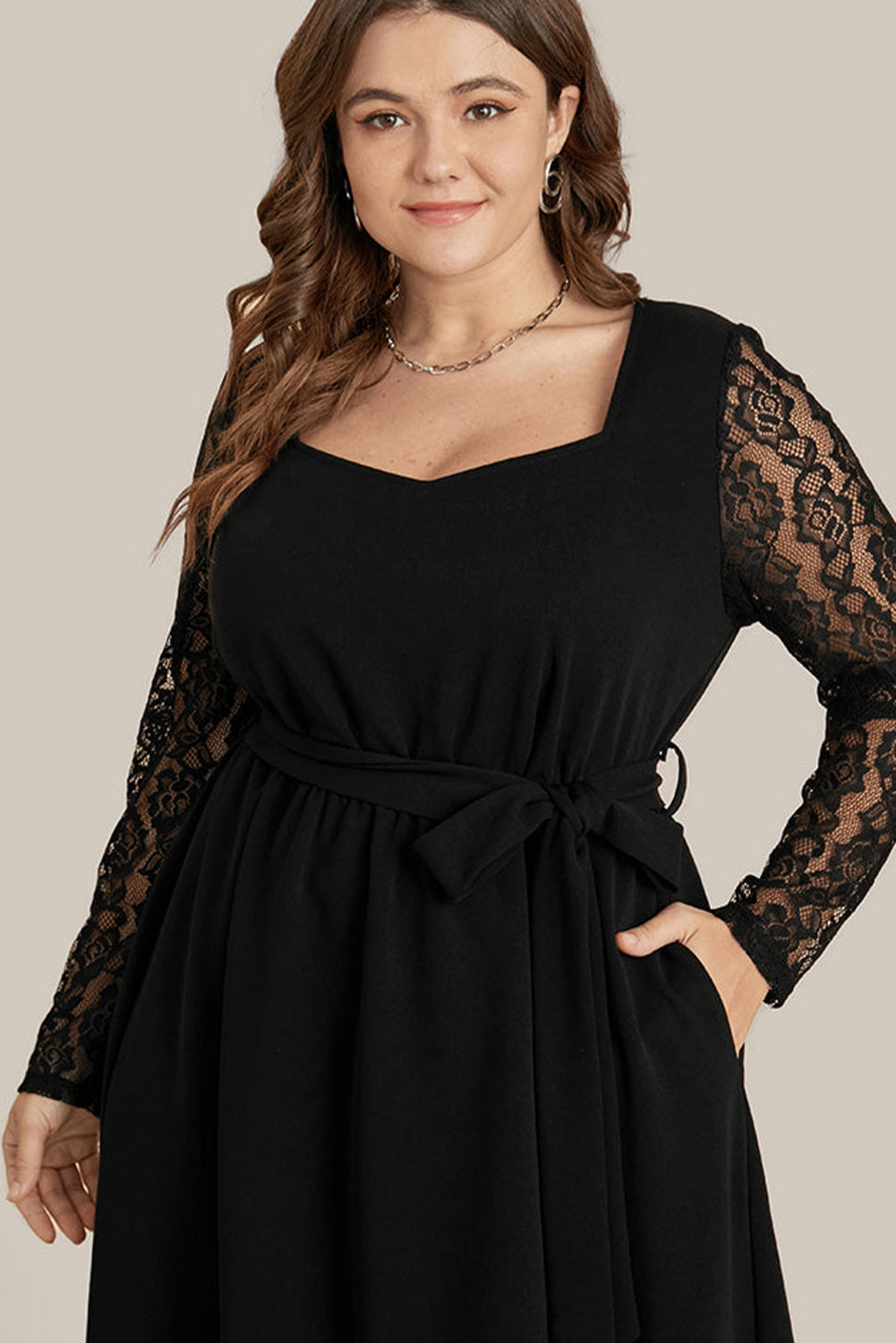 Black Plus Size Sheer Lace Sleeve Belted Ruffle Midi Dress