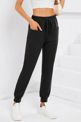 Black Drawstring Waist Front Patch Pockets Jogger Pants