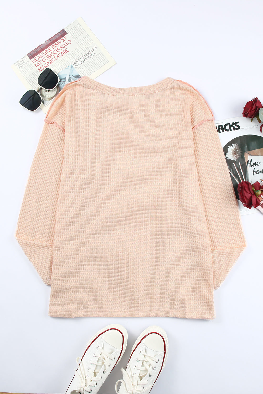 Apricot Waffle Knit Patchwork Long Sleeve Top