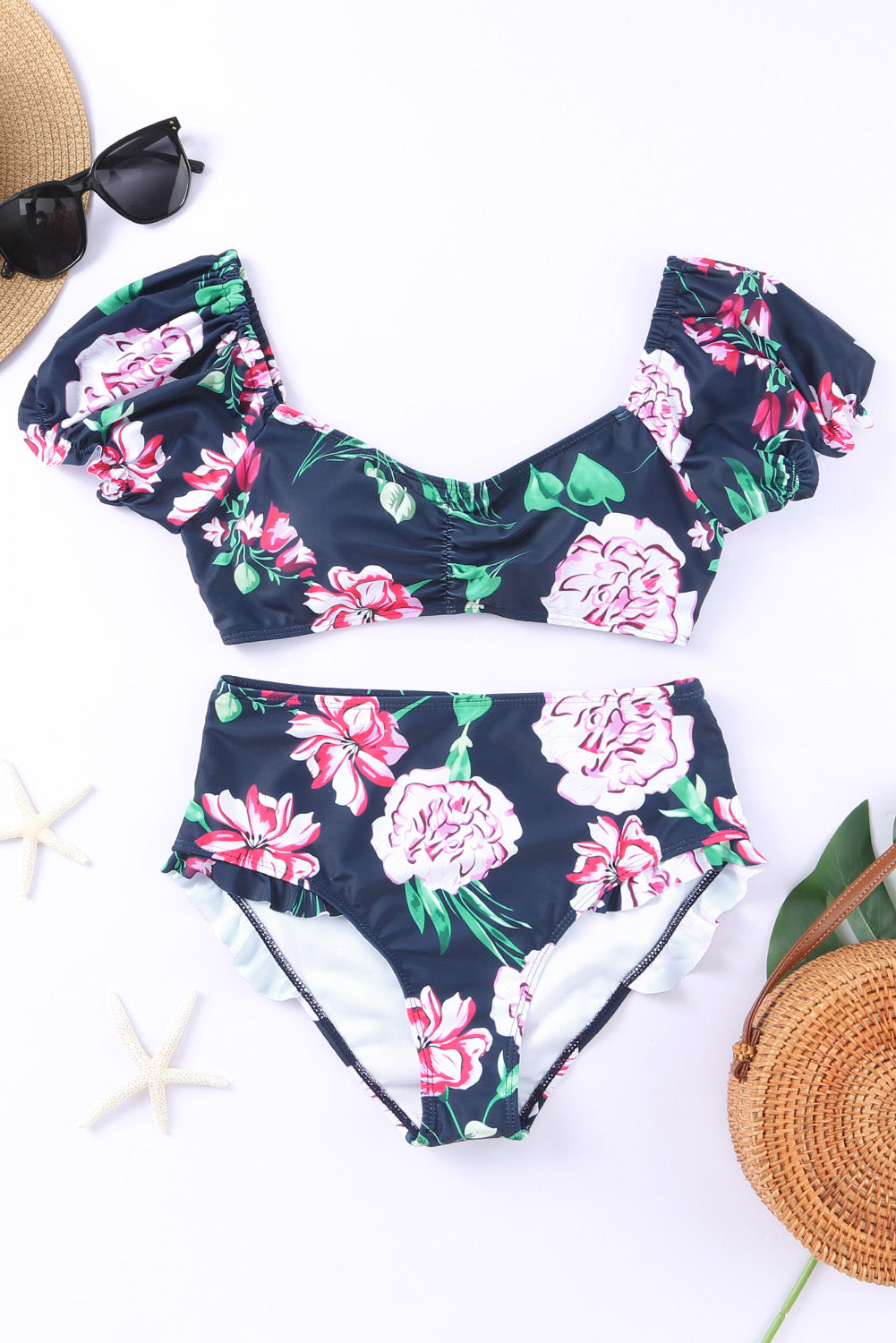 Blue Orchid Printed Bubble Sleeve Bikini 2pcs Swimsuit