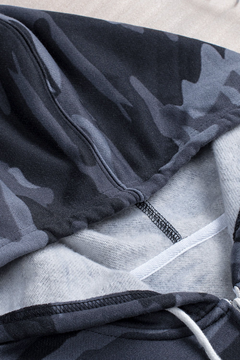 Black Camo Print Zip-up Hooded Coat with Pockets