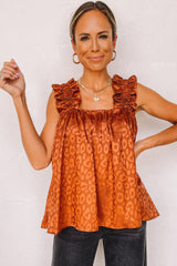 Orange Leopard Print Ruffled Wide Strap Satin Tank Top