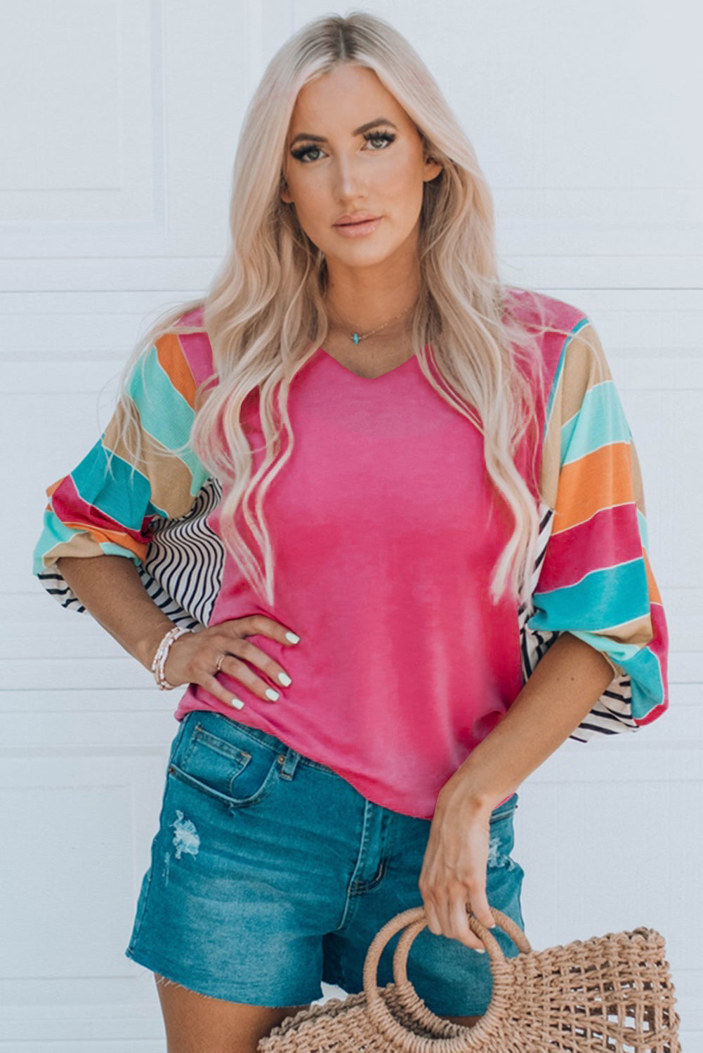 Rose Stripe Color Block Bubble Sleeve Top