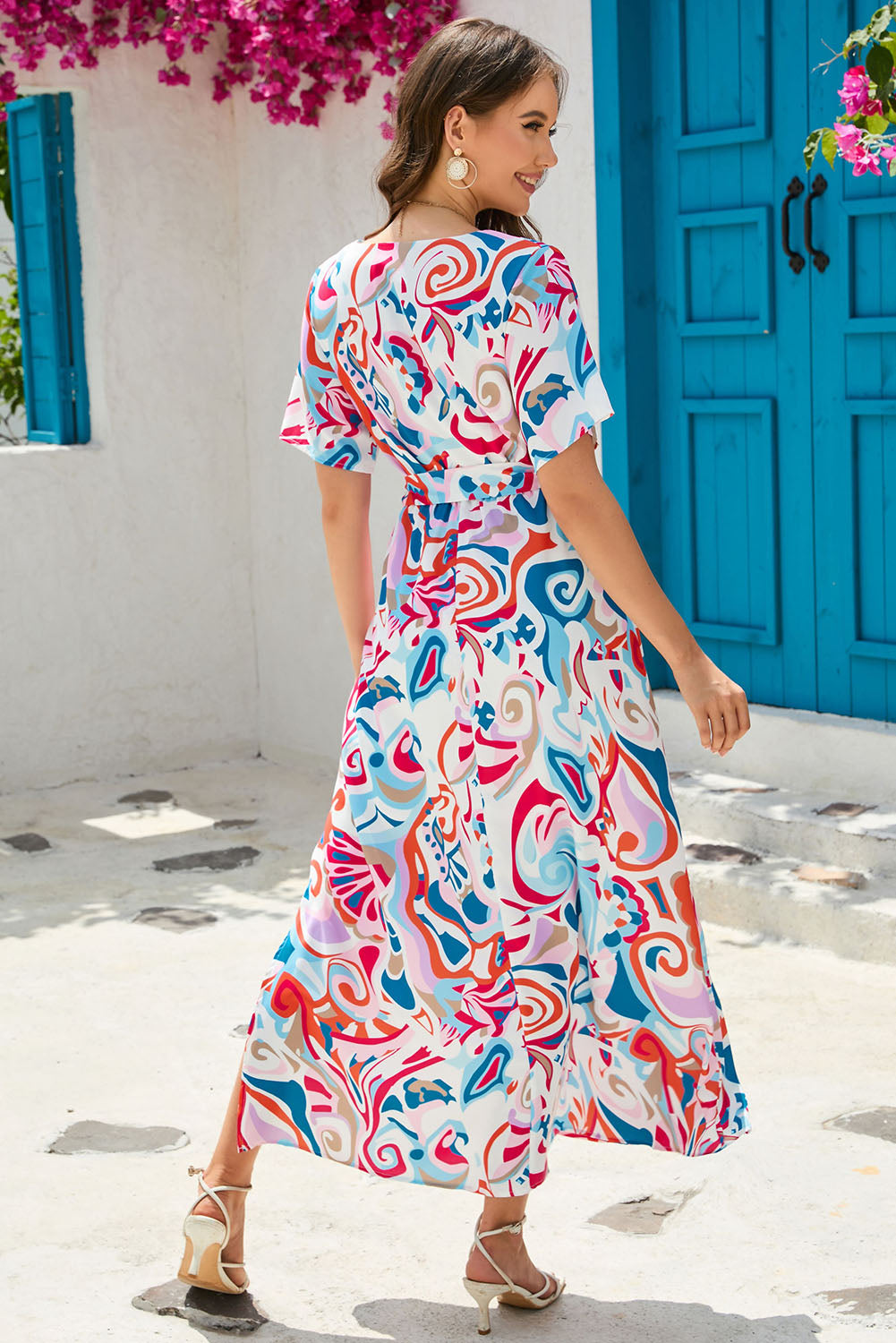 Multicolor Abstract Printed Wrap V Neck Belted Maxi Dress