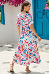 Multicolor Abstract Printed Wrap V Neck Belted Maxi Dress