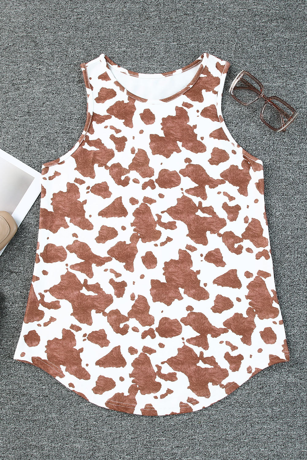 Brown Cow Print Crew Neck Tank Top