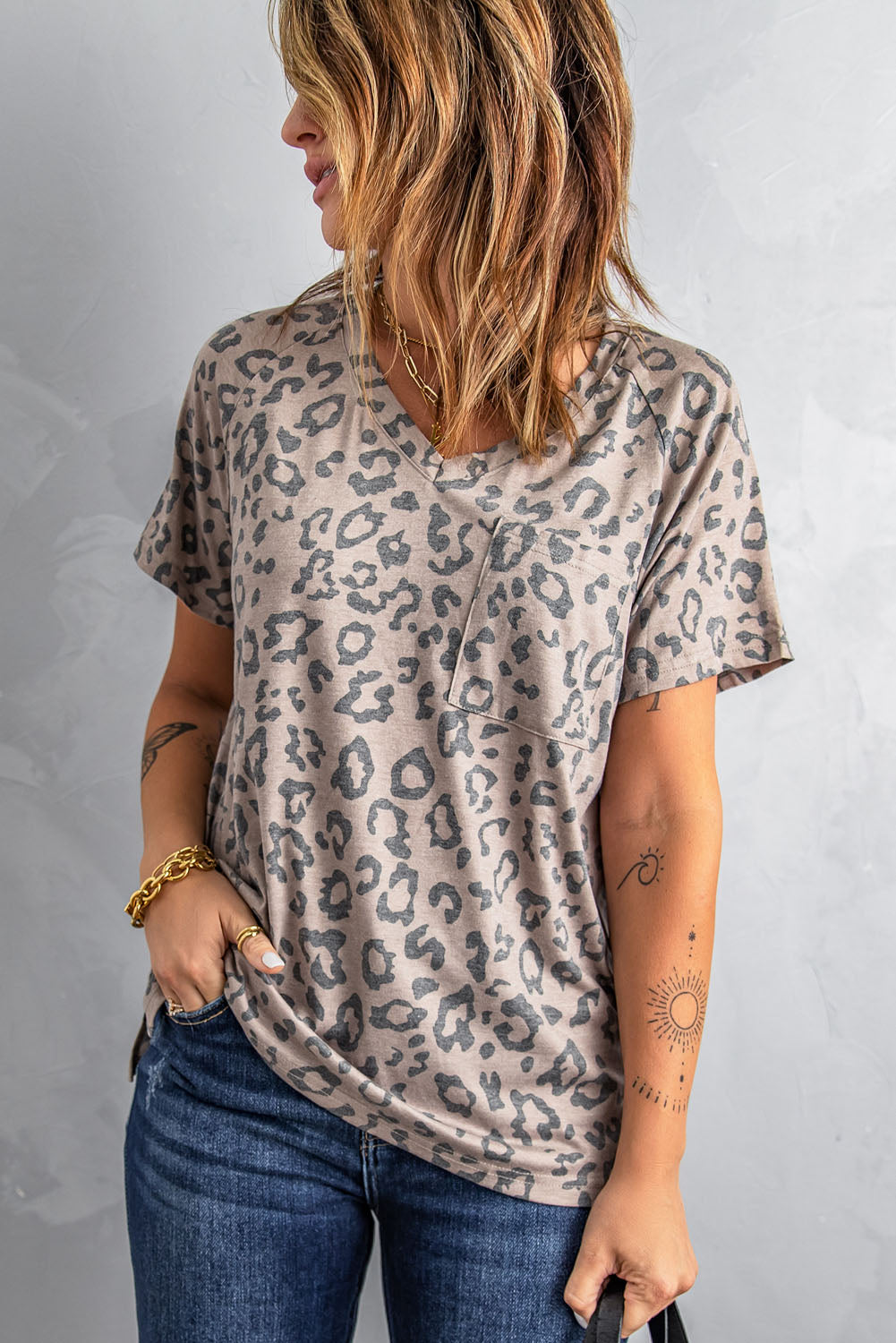 Brown V Neck Front Pocket Leopard Tee