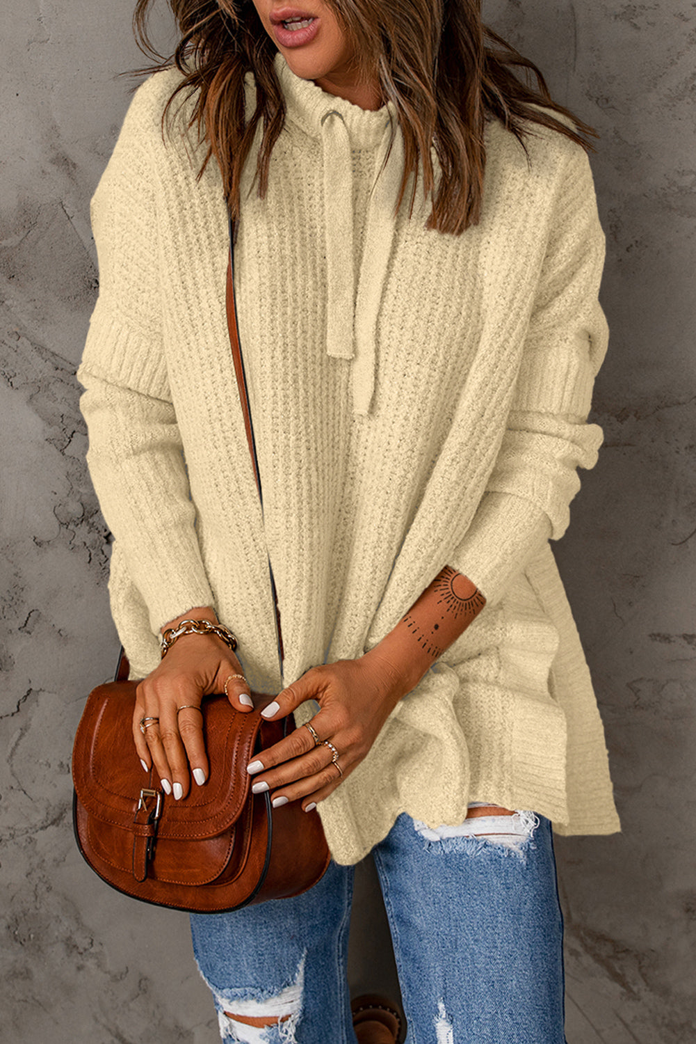 Apricot Waffle Knit Loose Slit Drawstring Hooded Sweater