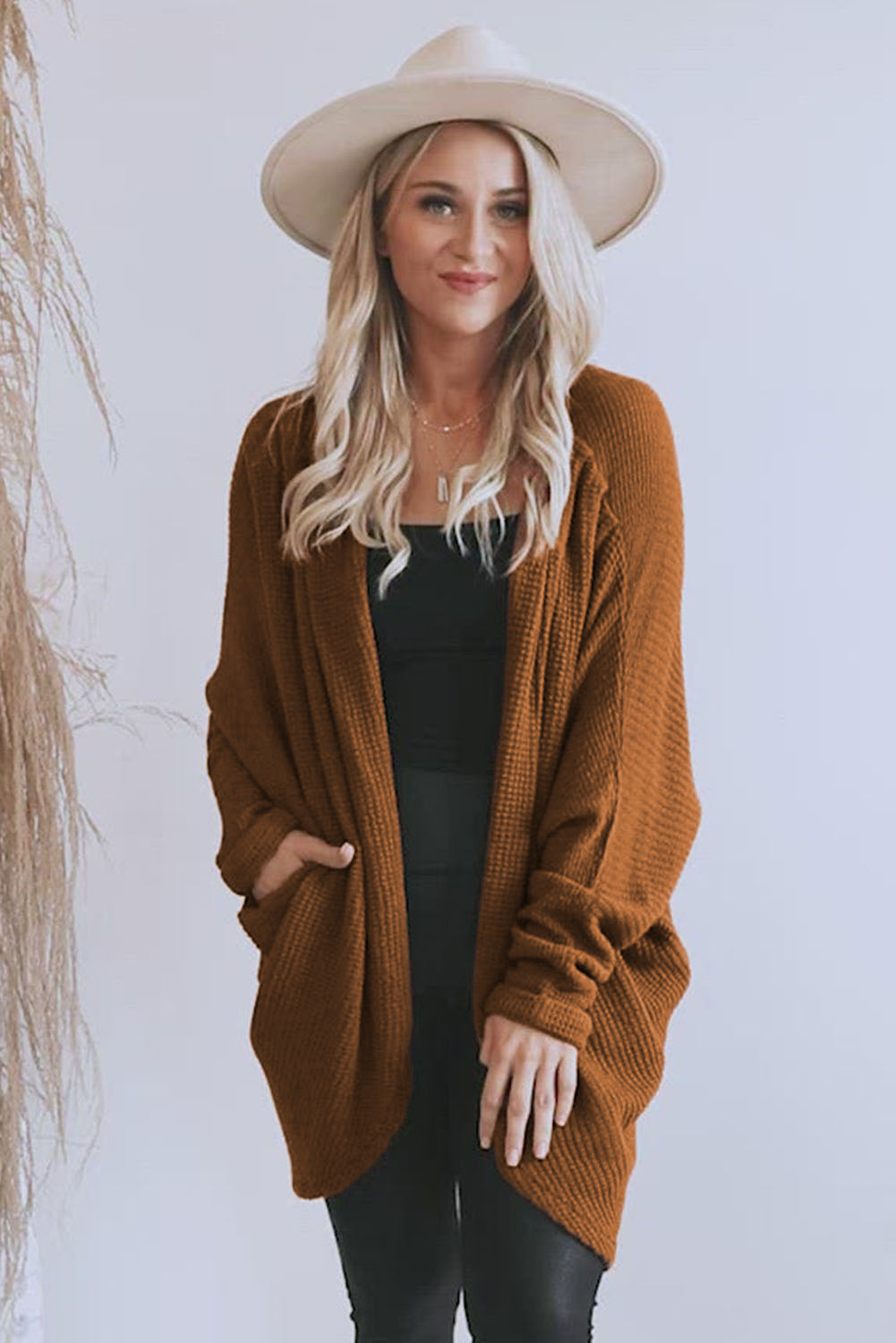 Brown Waffle Knit Open Front Rounded Hem Cardigan